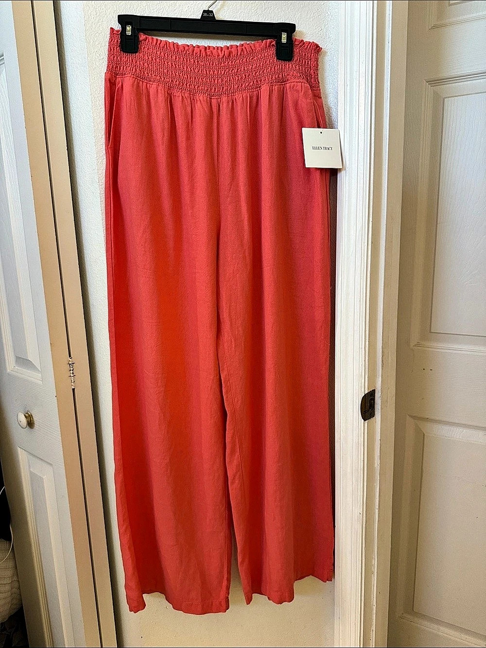Ellen Tracy Linen Smocked Wide Leg Pant coral.Large